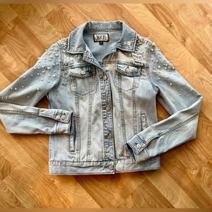 Beaded Distressed Denim Jacket by BKE Buckle